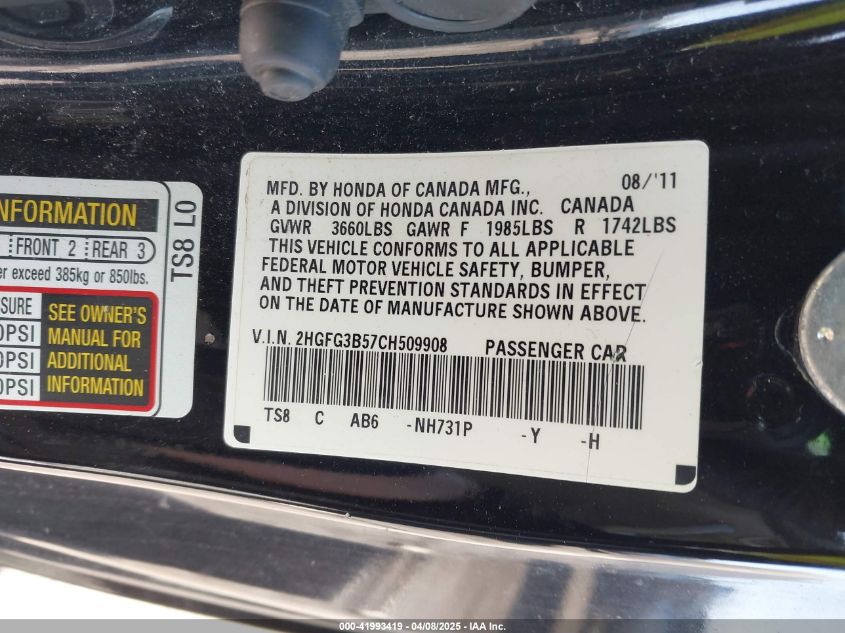 2012 Honda Civic Lx VIN: 2HGFG3B59CH509408 Lot: 41993419