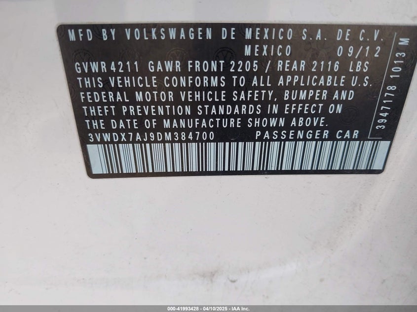 2013 VOLKSWAGEN JETTA VIN: 3VWDX7AJ9DM384700