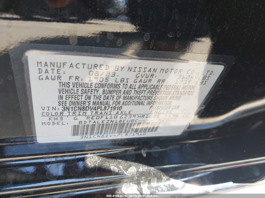 2023 NISSAN VERSA VIN: 3N1CN8DV4PL871910