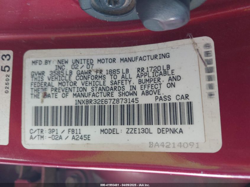 2007 Toyota Corolla Le VIN: 1NXBR32E67Z873145 Lot: 41993481