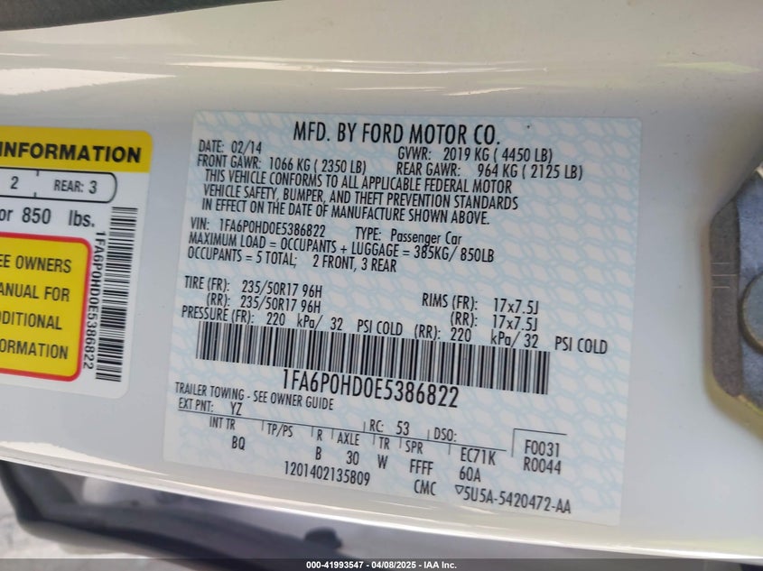 2014 FORD FUSION VIN: 1FA6P0HD0E5386822