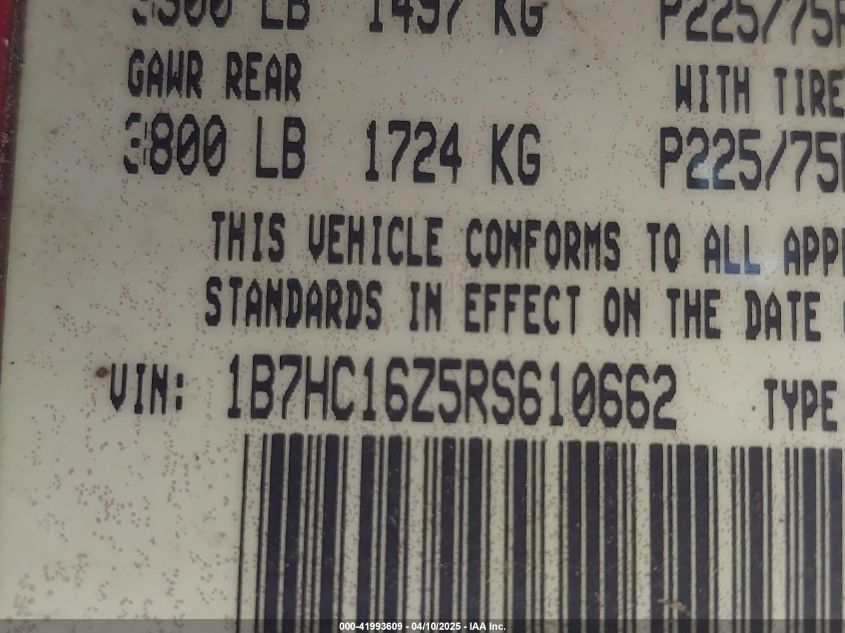 1994 Dodge Ram 1500 VIN: 1B7HC16Z5RS610662 Lot: 41993609