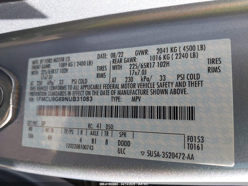 VIN 1FMCU9G69NUB31083 2022 FORD ESCAPE SE