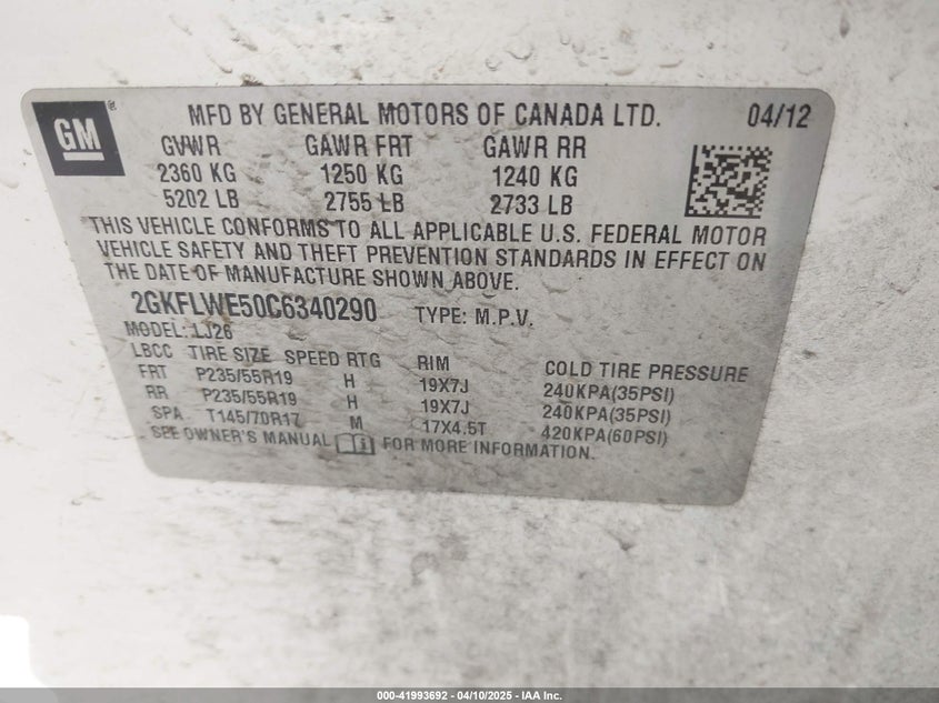 2012 GMC TERRAIN VIN: 2GKFLWE50C6340290