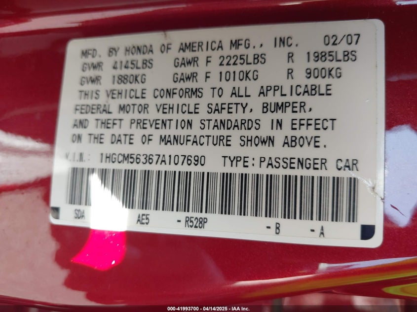 2007 HONDA ACCORD VIN: 1HGCM56367A107690