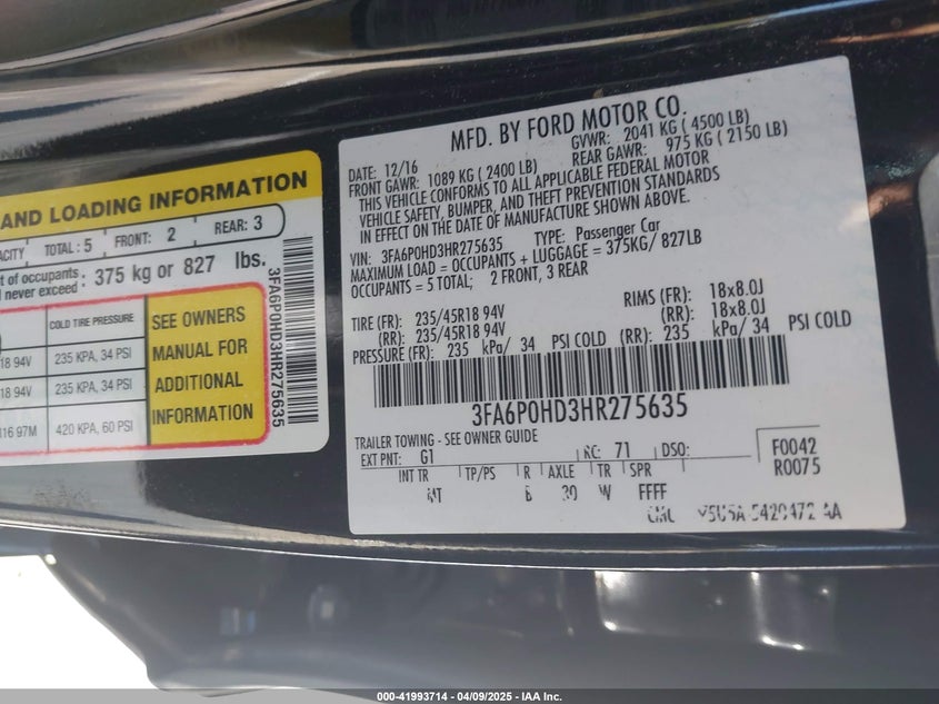 2017 FORD FUSION VIN: 3FA6P0HD3HR275635