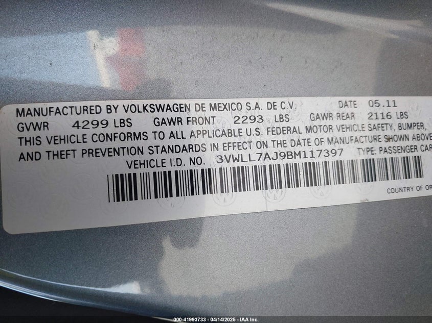 2011 VOLKSWAGEN JETTA VIN: 3VWLL7AJ9BM117397