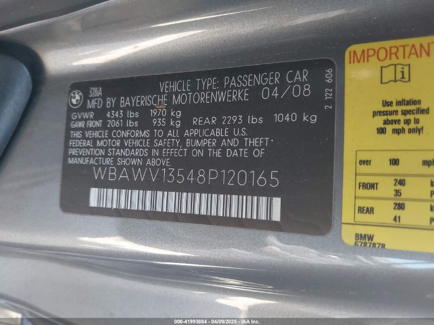 2008 BMW 328I VIN: WBAWV13548P120165 Lot: 41993884