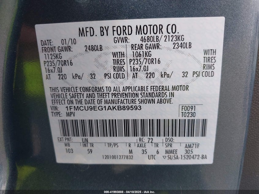 2010 FORD ESCAPE VIN: 1FMCU9EG1AKB89593