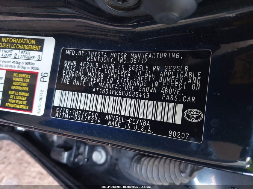 2012 TOYOTA CAMRY HYBRID VIN: 4T1BD1FK6CU035419
