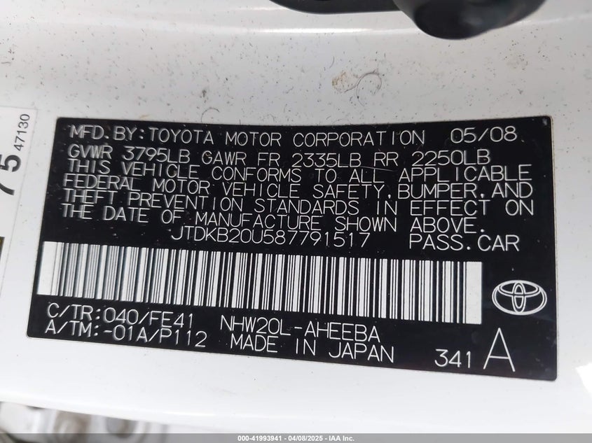 2008 TOYOTA PRIUS VIN: JTDKB20U587791517