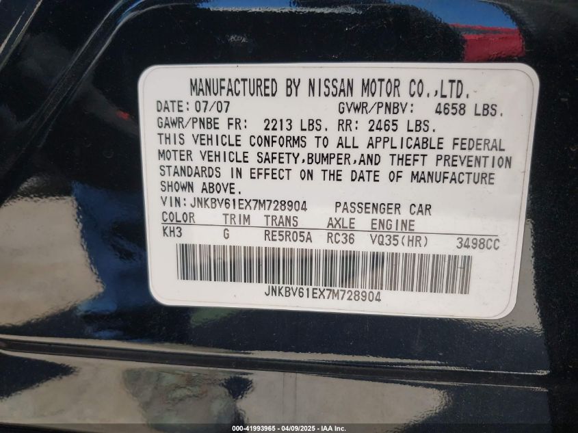 2007 Infiniti G35 Journey VIN: JNKBV61EX7M728904 Lot: 41993965