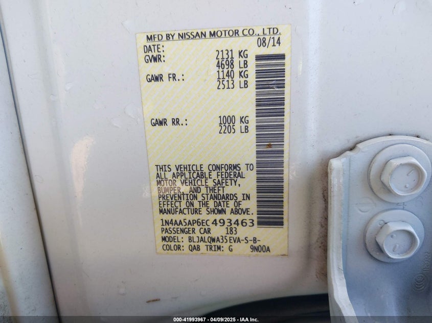 2014 NISSAN MAXIMA VIN: 1N4AA5AP6EC493463