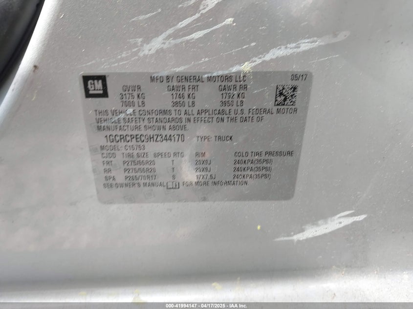 2017 CHEVROLET SILVERADO 1500 VIN: 1GCRCPEC9HZ344170
