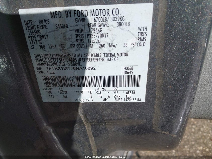 2006 FORD F-150 VIN: 1FTRX12W56NA10092
