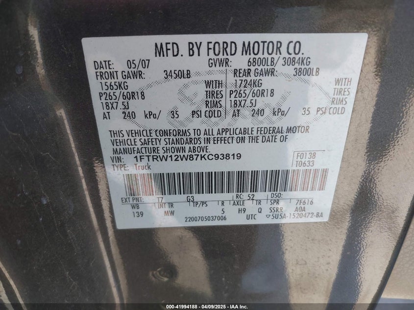 2007 FORD F-150 VIN: 1FTRW12W87KC93819