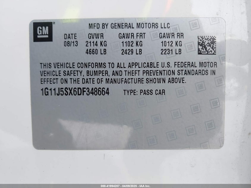 2013 CHEVROLET MALIBU VIN: 1G11J5SX6DF348664