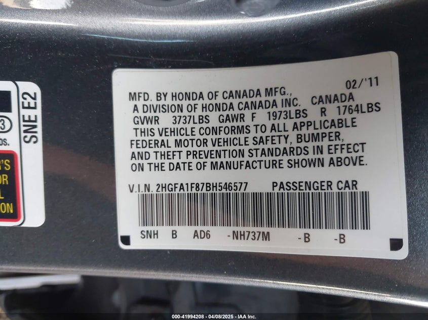 2011 HONDA CIVIC VIN: 2HGFA1F87BH546577