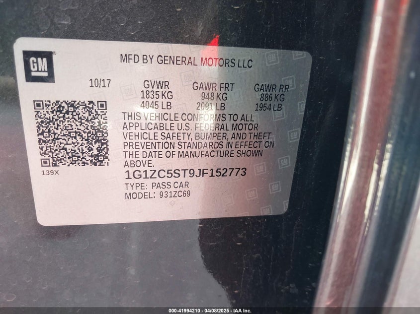 2018 CHEVROLET MALIBU 1FL - 1G1ZC5ST9JF152773