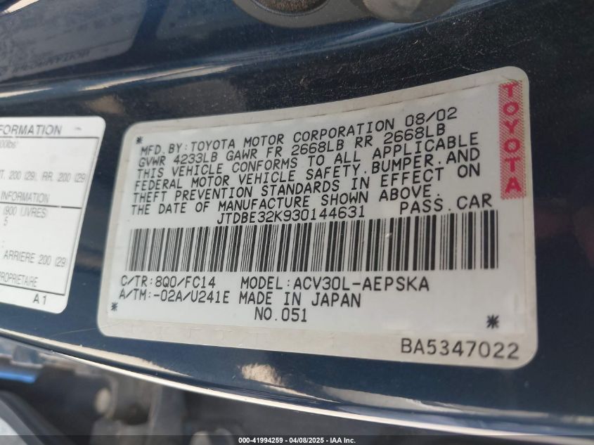 2003 Toyota Camry Se VIN: JTDBE32K930144631 Lot: 41994259