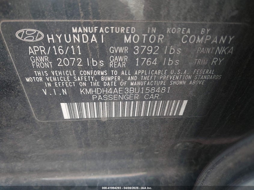 2011 HYUNDAI ELANTRA VIN: KMHDH4AE3BU158481