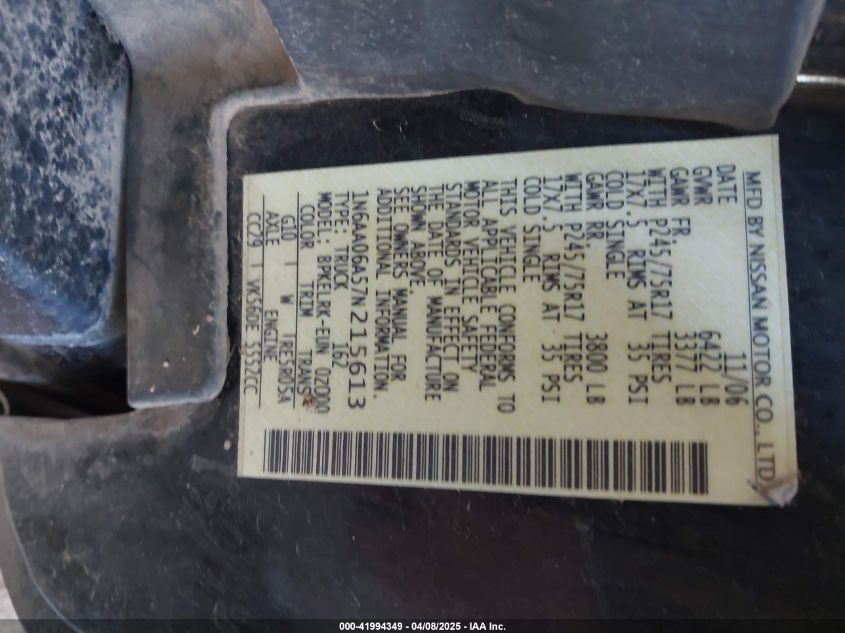 2007 Nissan Titan Xe VIN: 1N6AA06A57N215613 Lot: 41994349