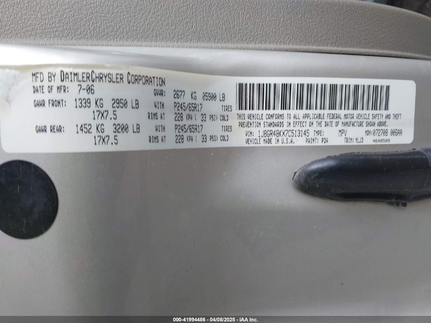 2007 Jeep Grand Cherokee Laredo VIN: 1J8GR48KX7C513145 Lot: 41994486