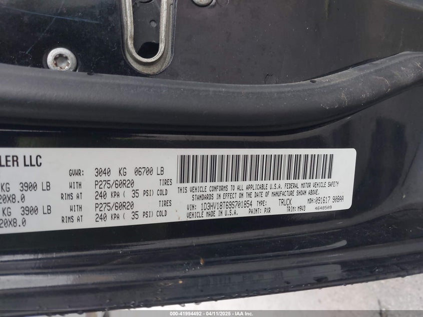 2009 DODGE RAM 1500 VIN: 1D3HV18T69S701854
