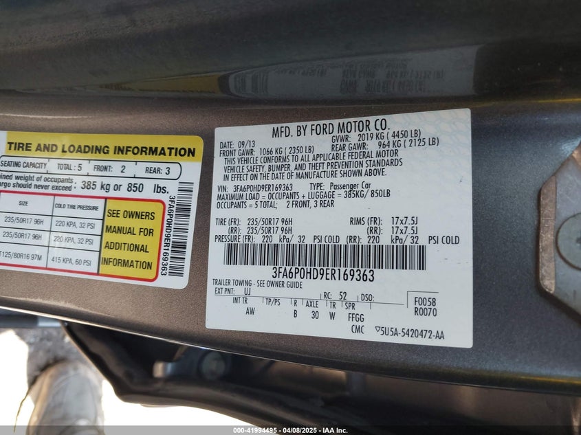 2014 FORD FUSION VIN: 3FA6P0HD9ER169363