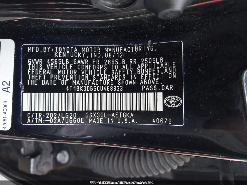 2012 Toyota Avalon VIN: 4T1BK3DB5CU468833 Lot: 41994506