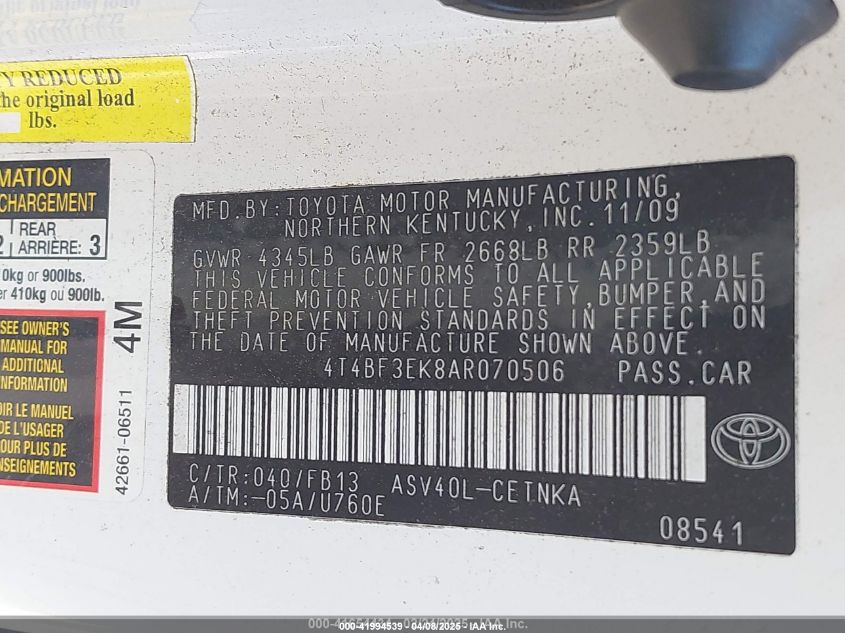 2010 Toyota Camry Le VIN: 4T4BF3EK8AR070506 Lot: 41994539