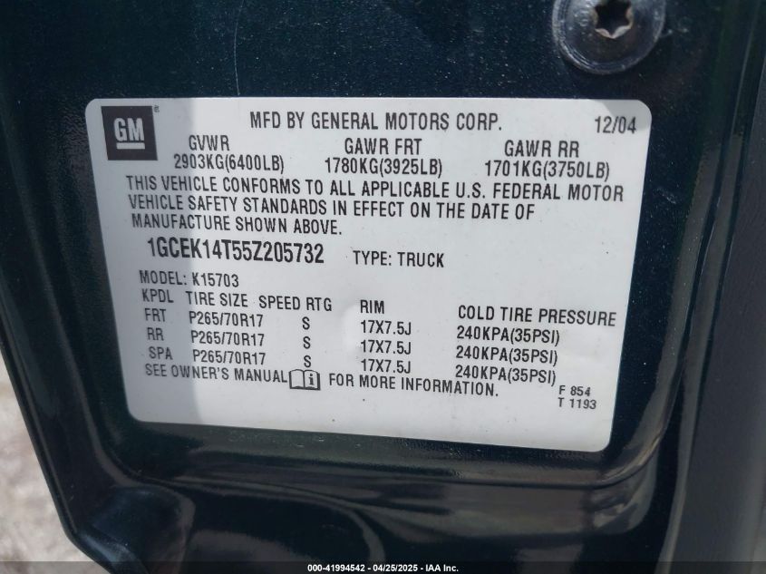 2005 Chevrolet Silverado 1500 VIN: 1GCEK14T55Z205732 Lot: 41994542