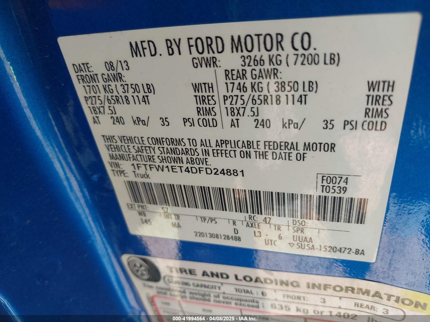 2013 FORD F-150 VIN: 1FTFW1ET4DFD24881