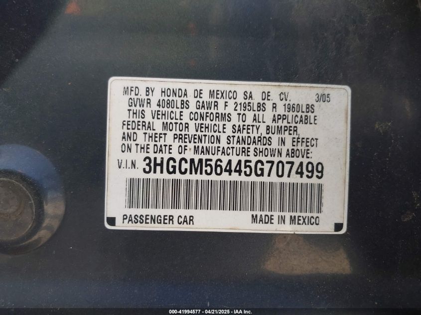 2005 Honda Accord 2.4 Lx VIN: 3HGCM56445G707499 Lot: 41994577