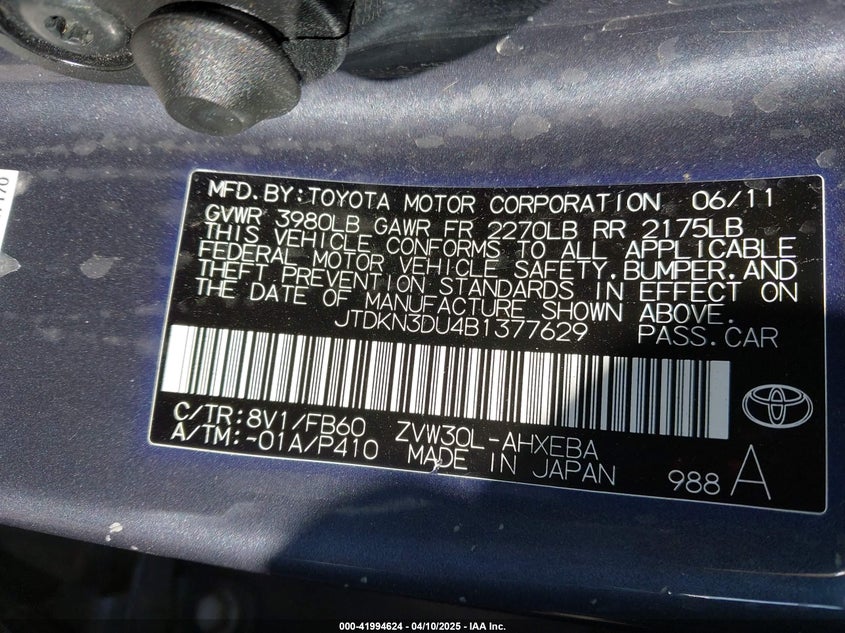2011 TOYOTA PRIUS VIN: JTDKN3DU4B1377629