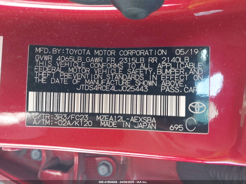 2020 TOYOTA COROLLA VIN: JTDS4RCE4LJ025443