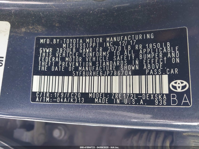 2018 TOYOTA COROLLA VIN: 5YFBURHE6JP786704