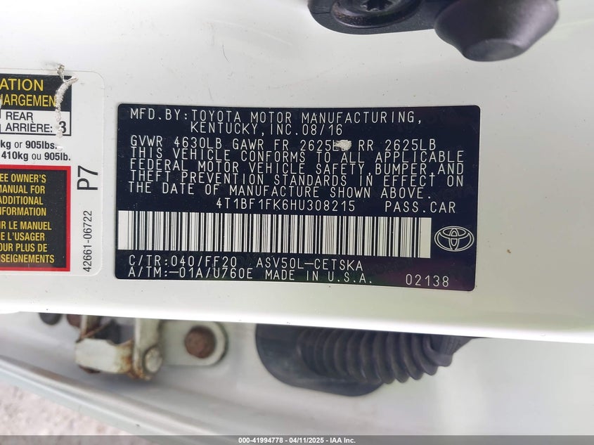 2017 TOYOTA CAMRY VIN: 4T1BF1FK6HU308215