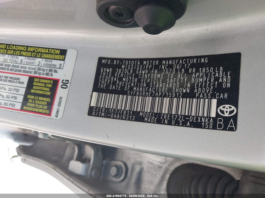 2017 TOYOTA COROLLA VIN: 5YFBURHE7HP715912