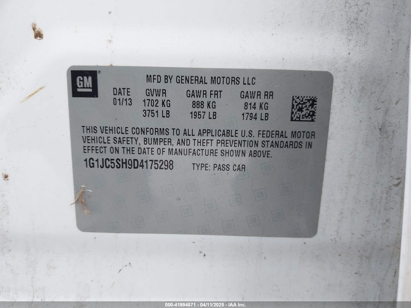 2013 CHEVROLET SONIC VIN: 1G1JC5SH9D4175298