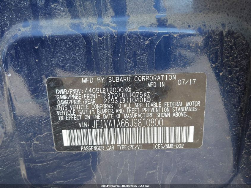 2018 Subaru Wrx VIN: JF1VA1A66J9810800 Lot: 41994914