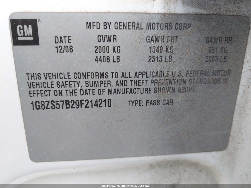 2009 SATURN AURA VIN: 1G8ZS57B29F214210