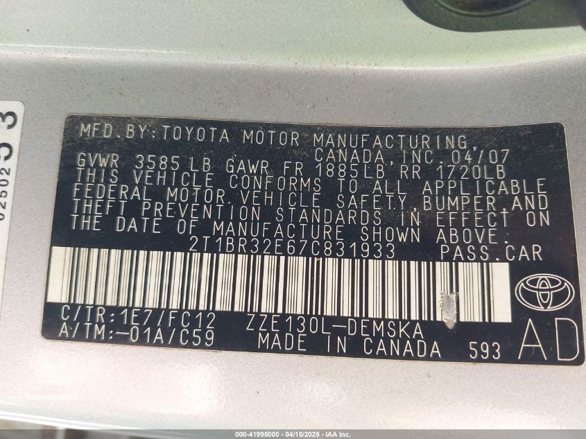 2007 Toyota Corolla S VIN: 2T1BR32E67C831933 Lot: 41995000