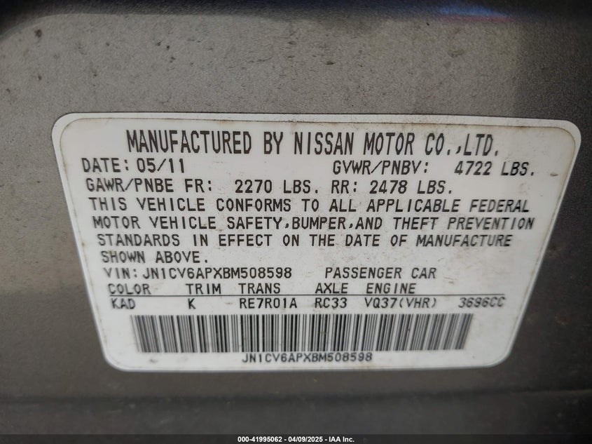 2011 INFINITI G37 VIN: JN1CV6APXBM508598