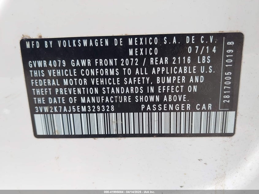 2014 VOLKSWAGEN JETTA 2.0L S - 3VW2K7AJ5EM329328