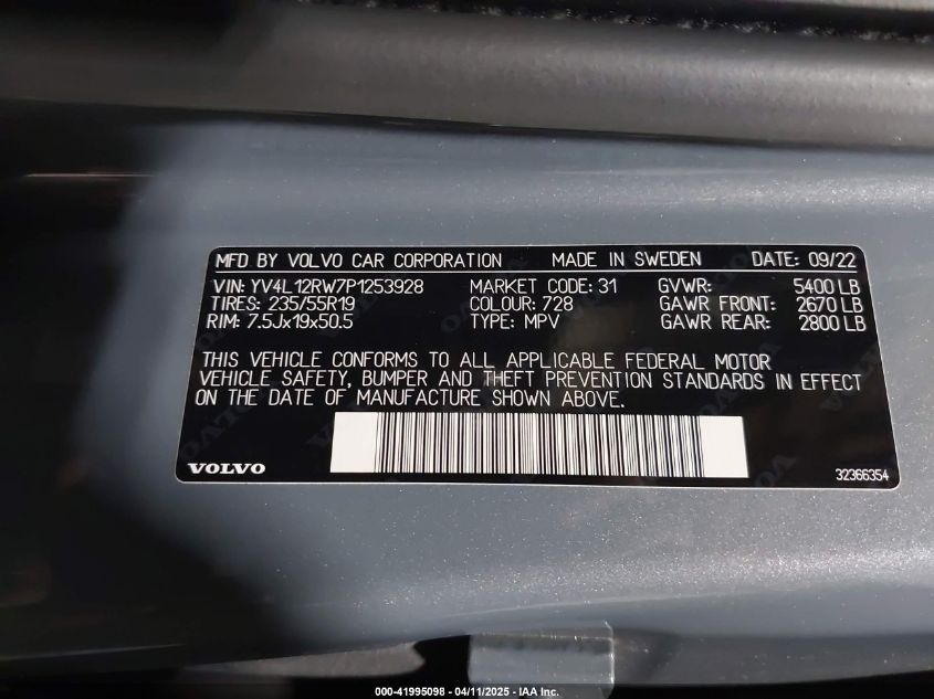 2023 Volvo Xc60 B5 Plus Dark Theme VIN: YV4L12RW7P1253928 Lot: 41995098