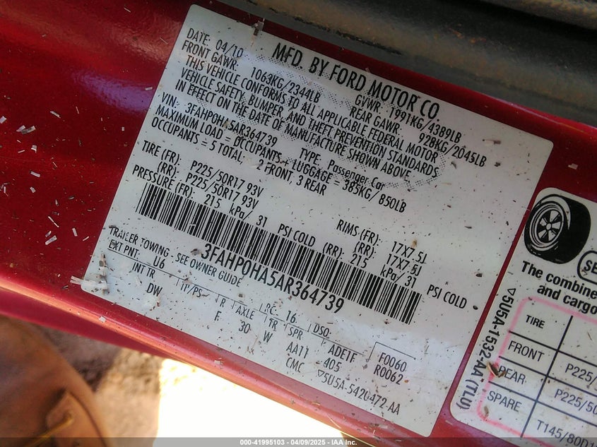 2010 FORD FUSION VIN: 3FAHP0HA5AR364739