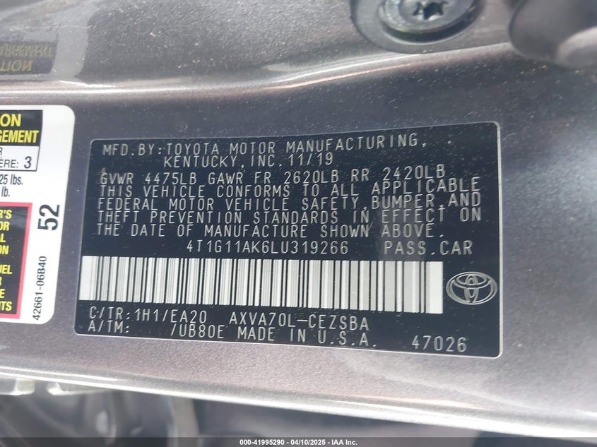 2020 TOYOTA CAMRY VIN: 4T1G11AK6LU319266