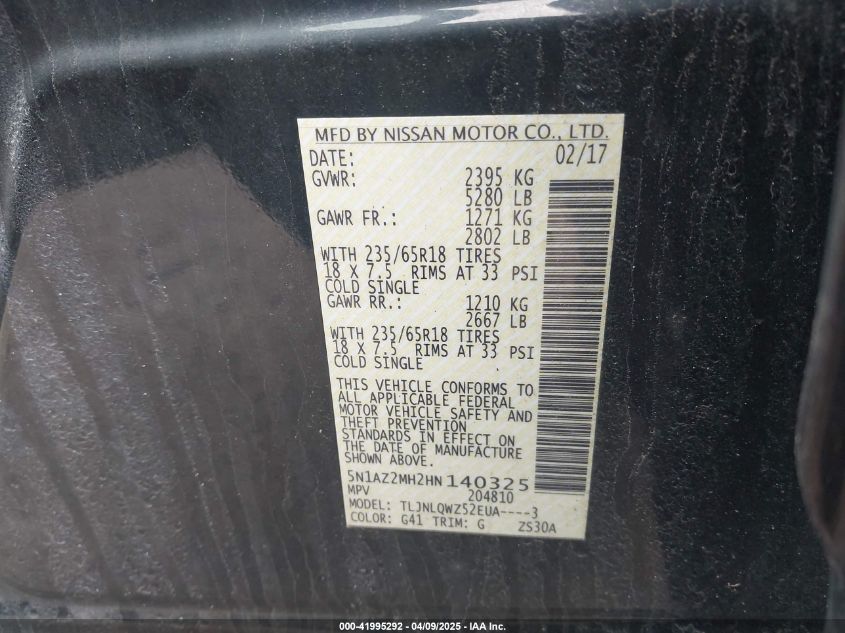 2017 Nissan Murano Sv VIN: 5N1AZ2MH2HN140325 Lot: 41995292