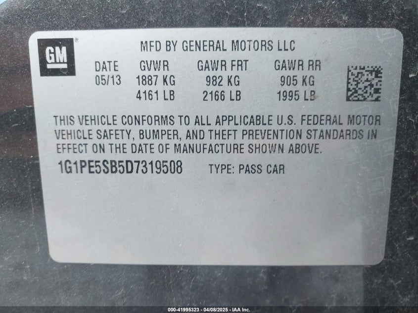 2013 CHEVROLET CRUZE VIN: 1G1PE5SB5D7319508